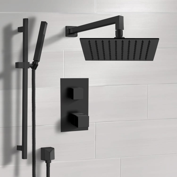 Remer SFR47-10 Matte Black Thermostatic Shower Set with 10 Inch Rain Shower Head and Hand Shower